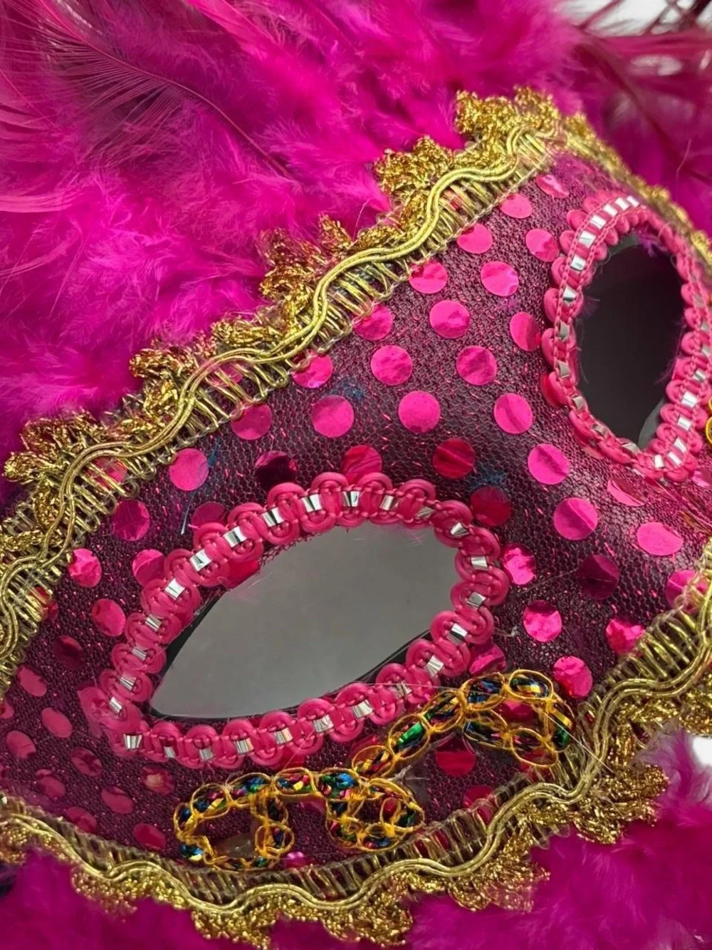 Masquerade Feather Eye Mask - Hot Pink with Gold Trim- Costume
